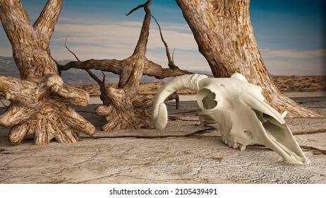 3D render of wild animal head skulln in desert