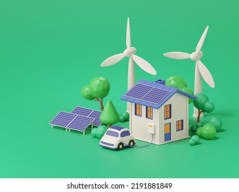 3d Render Of Wind Turbine And Solar Panels With House And Eco Car, Ecological Environment Concept.