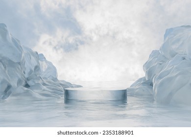 3d render winter platform and natural podium background, Round ice podium on the frozen lake with ice canyon for product display, advertising, mockup, showcase or etc