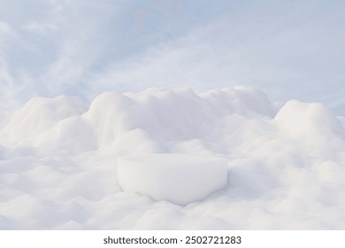 3d render winter platform and natural mockup background, Podium on a large pile of snow for product stand display, advertising or etc