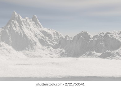 3d render winter platform and Realistic natural background, Ice podium on the ice snow mountain, Backdrop sky and cloud for product stand display, advertising, mockup or etc