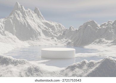 3d render winter podium and Realistic natural background, Panoramic winter landscape of snow-covered mountains and high rocky peaks under a cloudy sky in the glacier wilderness
