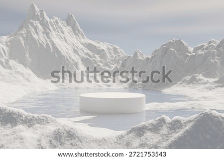 3d render winter podium and Realistic natural background, Panoramic winter landscape of snow-covered mountains and high rocky peaks under a cloudy sky in the glacier wilderness