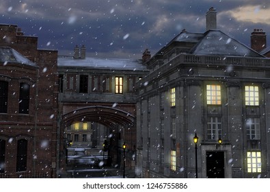 3D Render Of A Winter Street Scene At Night With 19th Century City Buildings 