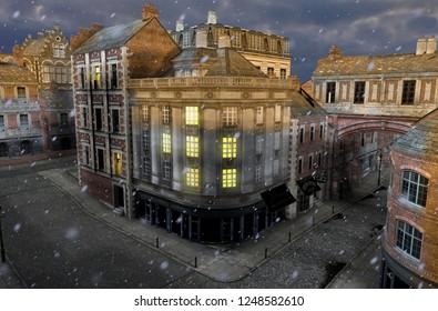 3D Render Of A Winter Street Scene At Dusk With 19th Century City Buildings 