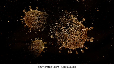 3D Render Wire Sculptured Coronavirus Collapse And Fade Away.