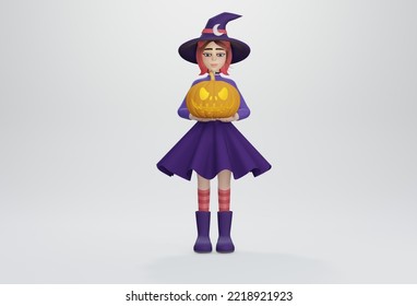 3d Render. Witch Halloween , Witch Holding Pumpkin