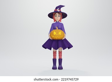 3d Render. Witch Halloween , Witch Holding Pumpkin