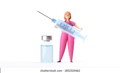 3d render. Woman doctor cartoon character wears pink uniform, holds big syringe. Vaccine against covid-19 virus inside the glass bottle. Clip art isolated on white background. Vaccination concept - Powered by Shutterstock