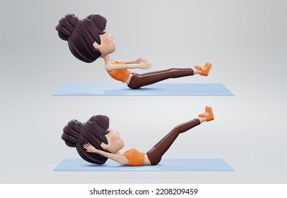 3d Render. Woman Doing Boat Pose Exercise In 2 Steps For Guide.