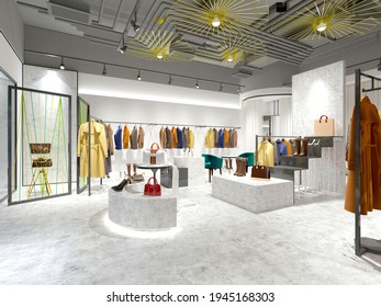 3d Render Of Woman Fashion Clothes Store, Shoes And Bags In Shop