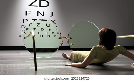 3d render of a woman laying on her back looking up and through at enormously oversized glasses at an eye chart illuminated on the wall. - Powered by Shutterstock