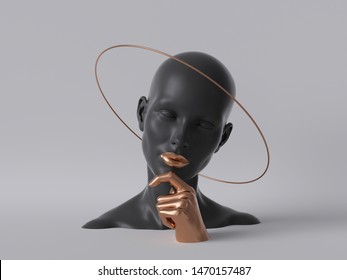 3d render, woman mannequin black head isolated on white background, golden hand, fashion concept, shop display, female body parts, clean minimal design