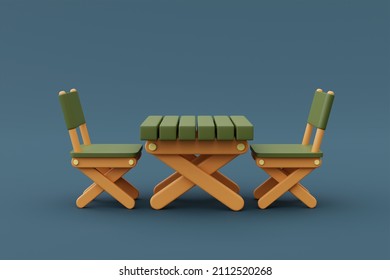 3d Render Of Wooden Table Isolated On Blue Background,Camping Equipment,holiday Vacation Concept.minimal Style.3d Rendering.