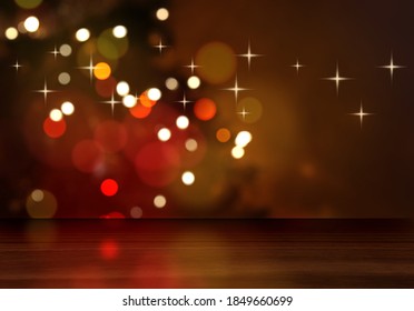 3D render of a wooden table looking out to a defocussed Christmas tree
