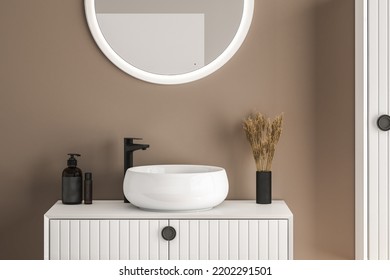 Un mostrador de tocador de madera en 3D con lavabo de cerámica blanca y grifería de estilo moderno en un cuarto de baño con luz solar y sombra por la mañana. Espacio en blanco para los productos que se muestran en ridículo. Representación 3D