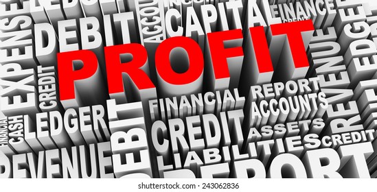 3d render of word tags wordcloud of concept of profit