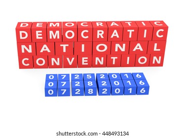 3d Render Words Democratic National Convention With The Date Of The Convention On A White Background. 