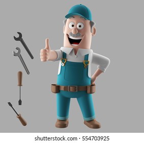 3d render worker man with set of tools
