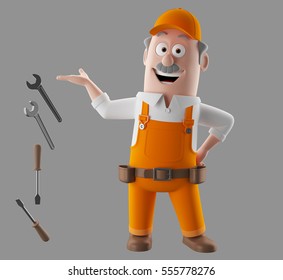 3d render worker man with set of tools