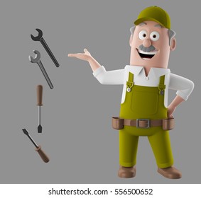 3d render worker man with set of tools