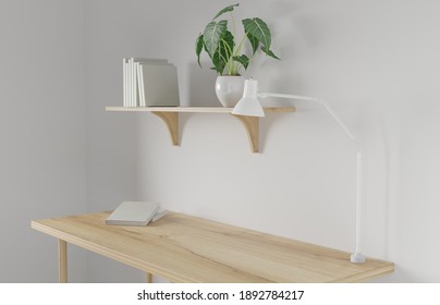 3d render Working desk and shelf with white background. blank book, desk lamp and green plant on shelf. minimal workspace. wall concept template.