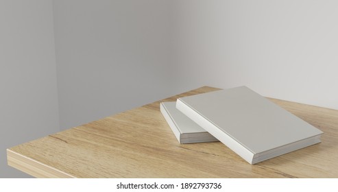3d render Working desk with white background. blank book on wood table. minimal workspace. wall concept template.