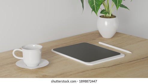 3d render Working desk with white background. tablet, pencil, green plant and coffee cup on wood table. minimal workspace. wall interior design concept template.