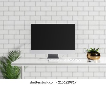 3d Render  Workspace With  Desktop Computer, Digital Devices Font View Mockup