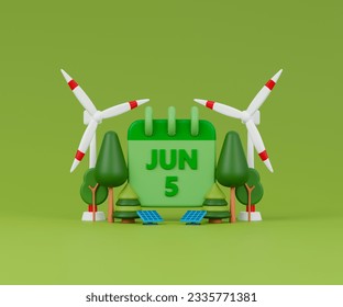 3D Render of World Environment Day Calendar with Wind Turbines, Trees, and Solar Panels. Sustainable Energy and Eco Friendly Concept.