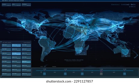3D Render: World Map with Global Air Travel Traffic Monitoring Mock-up. Dark Interface with Plane Destination Route Trackers. Airport Central Control Unit Template for Computer Displays and Laptops.