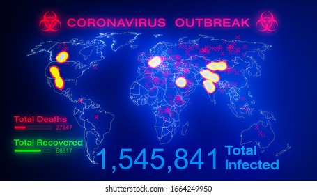 3d Render Of A World Map Showing The Outbreak Of The Coronavirus - With Numbers Of People Infected On A Screen