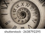 3D render of a worn vintage clock spiraling background. Grunge retro texture and aged tones evoke nostalgia, mystery, and timeless decay