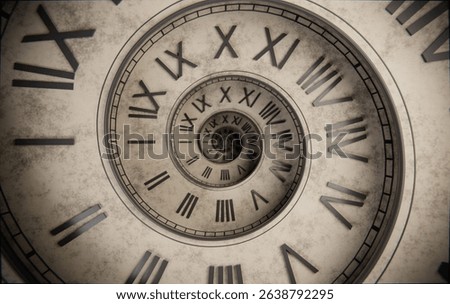 3D render of a worn vintage clock spiraling background. Grunge retro texture and aged tones evoke nostalgia, mystery, and timeless decay