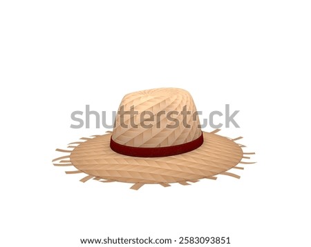 3D render of a woven straw hat with a wide brim, featuring a red ribbon accent, designed in a rustic cartoon-style illustration