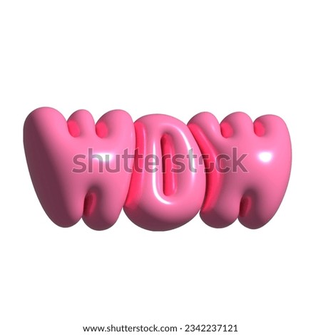 3d render WOW text pink sticker. Realistic bubble gum style design element. Raster illustration isolated on white