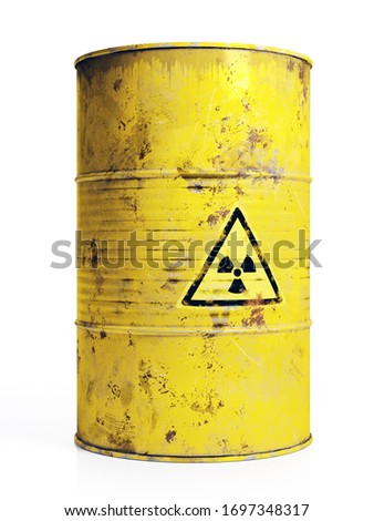 3D render of yallow metal barrel with radioactive substance on white background