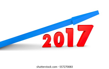 3d render year 2017 success concept with a growing blue arrow on a white background. 