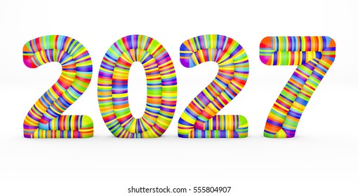 3d render year 2027 made with colorful plastic fragments on a white background. 