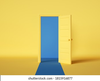 3d render, yellow blue background with open door. Room interior design element. Modern minimal concept. Opportunity metaphor.