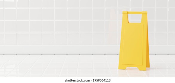3d render of yellow caution slippery wet floor sign on bathroom with copy space