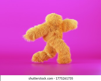 3d Render, Yellow Furry Beast Cartoon Character Walking Or Dancing, Isolated On Pink Background, Active Posing. Fluffy Plush Toy. Man Wearing Halloween Costume Of A Hairy Monster