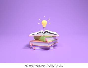 3d render yellow light bulb floating from open book on purple background minimal design illustration
3D render.