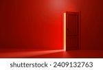 3d render, yellow light going through the open door isolated on Red background. Architectural design element. Modern minimal concept. Opportunity metaphor