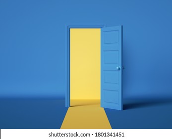 3d Render, Yellow Light Inside The Open Door Isolated On Blue Background. Room Interior Design Element. Modern Minimal Concept. Opportunity Metaphor.