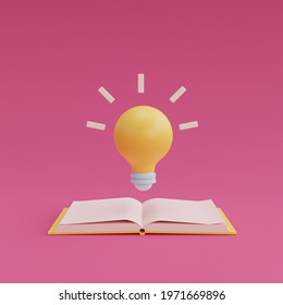 3d render yellow lightbulb floating from open book on pink background. minimal design.