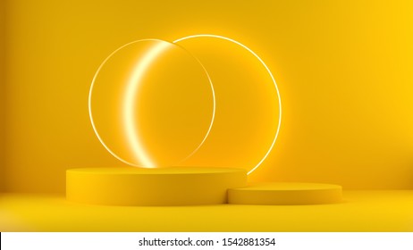 3d render yellow platform with neon shining and transparent glass rings. Geometric shapes composition with empty space for product design show. Minimal banner mockup.
