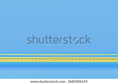 3D render of yellow roller conveyor with blue rollers on blue background. Industrial equipment for warehouse, logistics, factory production line and modern material handling system.