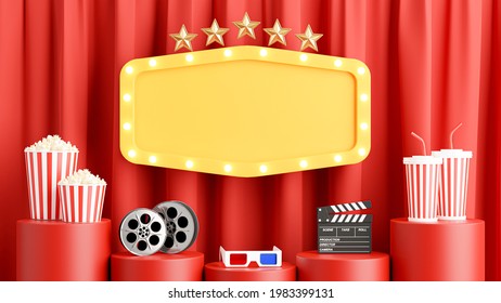 3d render of yellow theater sign decoration with popcorn,reel film,3d glasses,clapper board,drink mug - Powered by Shutterstock