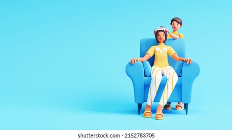 3D Render Young Boy Wear Crown To His Mom At Sofa And Copy Space On Blue Background. - Powered by Shutterstock